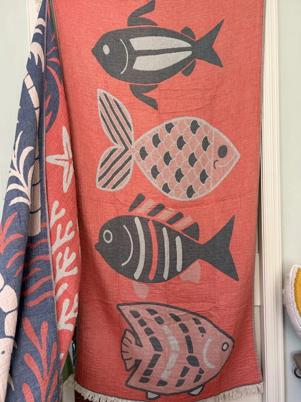 Modern Coastal Fish Woven Throw Towel Reversible Teal Coral FLiPSiDE NWT
